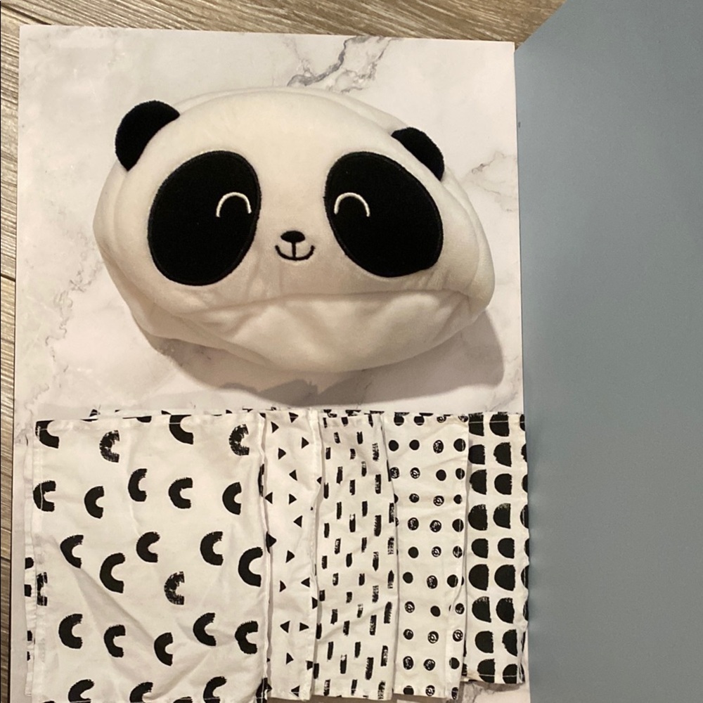 Panda Crate Plush Tissue Holder with 5 Black & White Patterned handkerchiefs